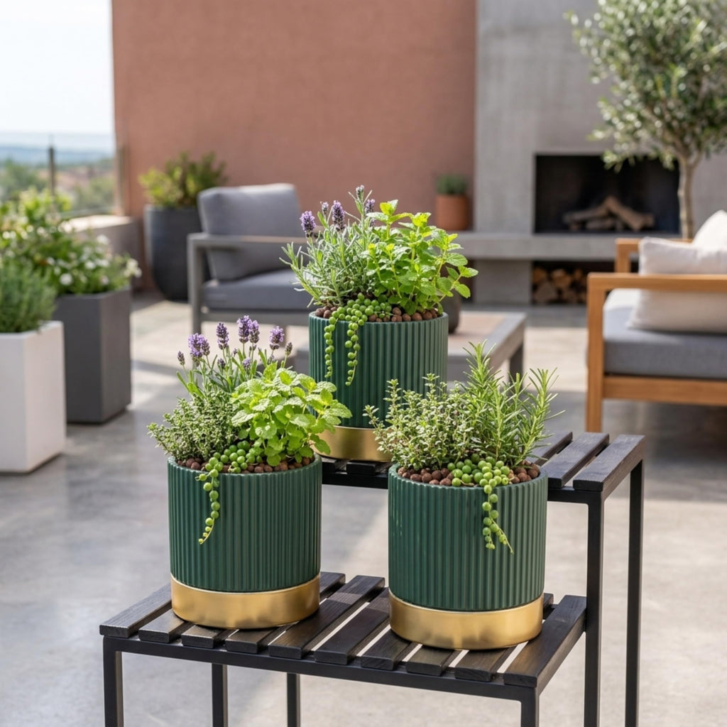 3-Pcs 4 Inch Cement Planters Set - Vintage Ribbed Flower Pots with Gold Rim and Drainage Holes, Modern Ceramic