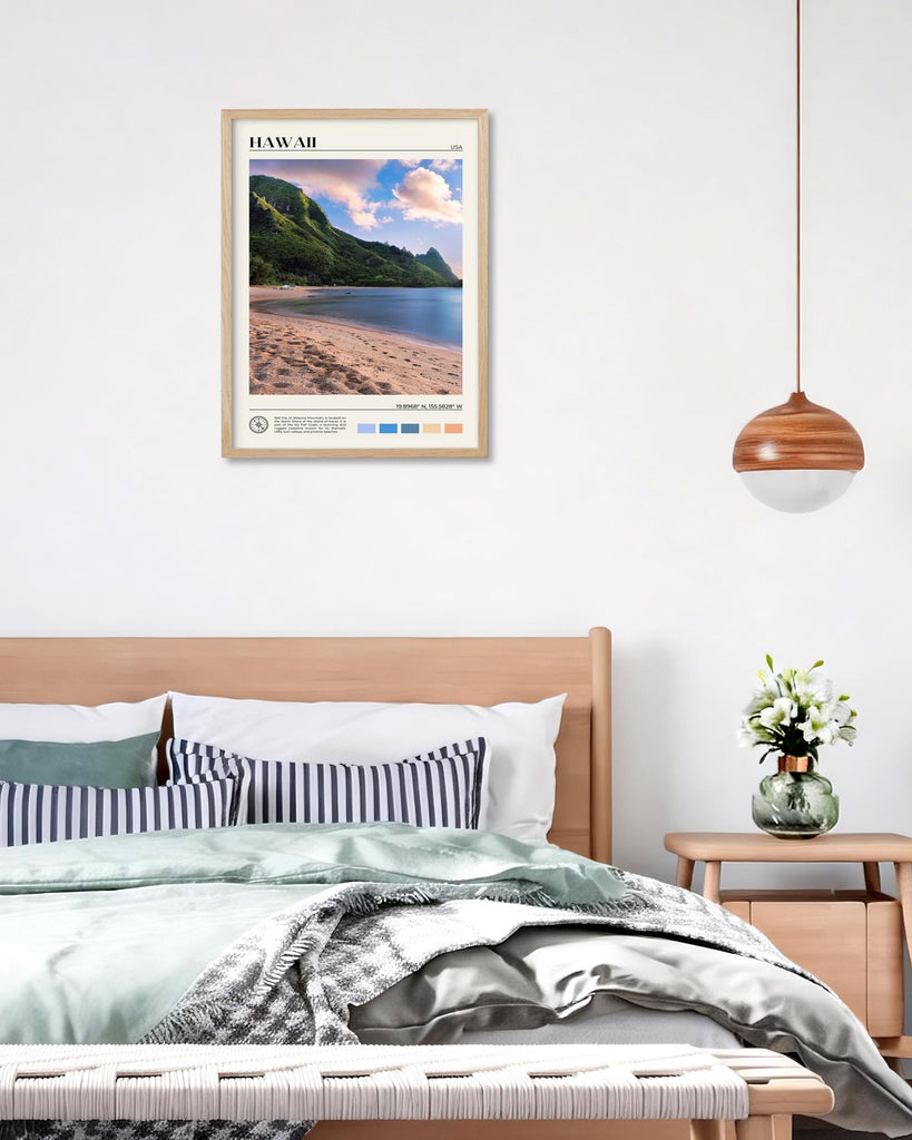 Natural OAK Wood Hawaii Framed Wall Art, 12x16in Makana Mountain Natural Scenery Canvas Wall Print, Classic Urban City