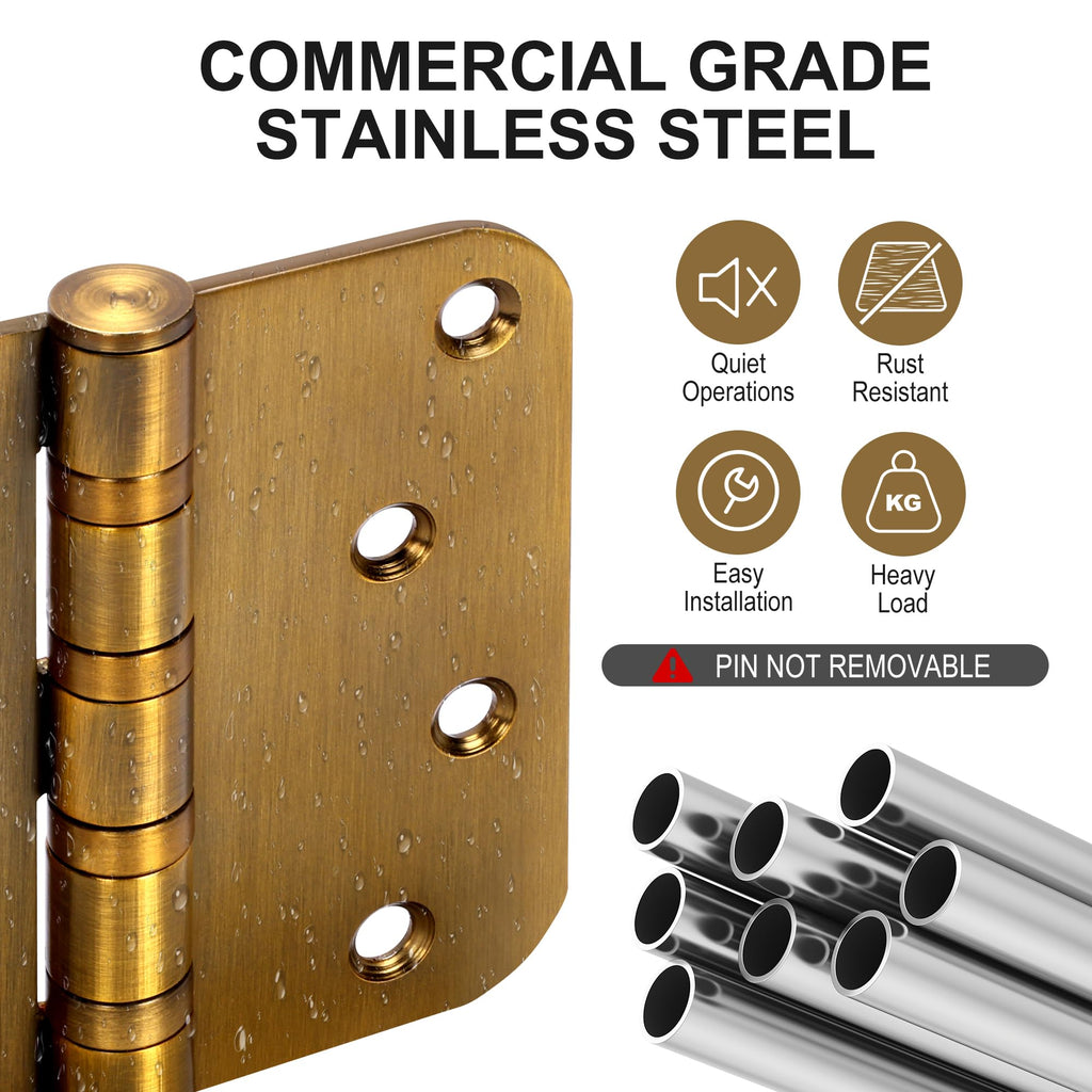 6 Pack 4" Heavy Duty Door Hinges with 5/8'' Radius Corner, 4in x 4in Stainless Steel Door Hinges for Exterior &