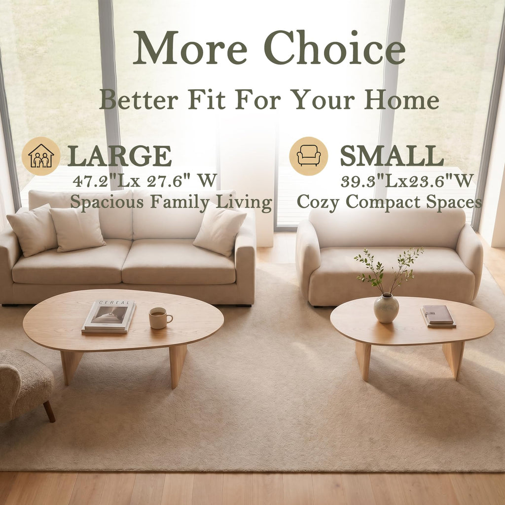 Large Oval Coffee Table, Oak Veneer Top with Solid Legs, Natural