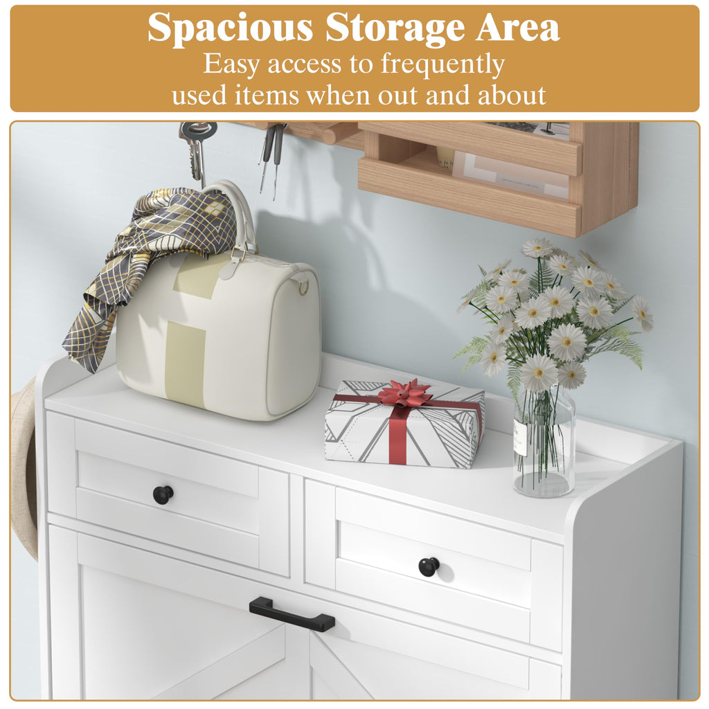 White Shoe Cabinet with 2 Flip Drawers & 2 Storage Drawers, Rustic Farmhouse Narrow Shoe Organizer Cabinet, Slim Shoe