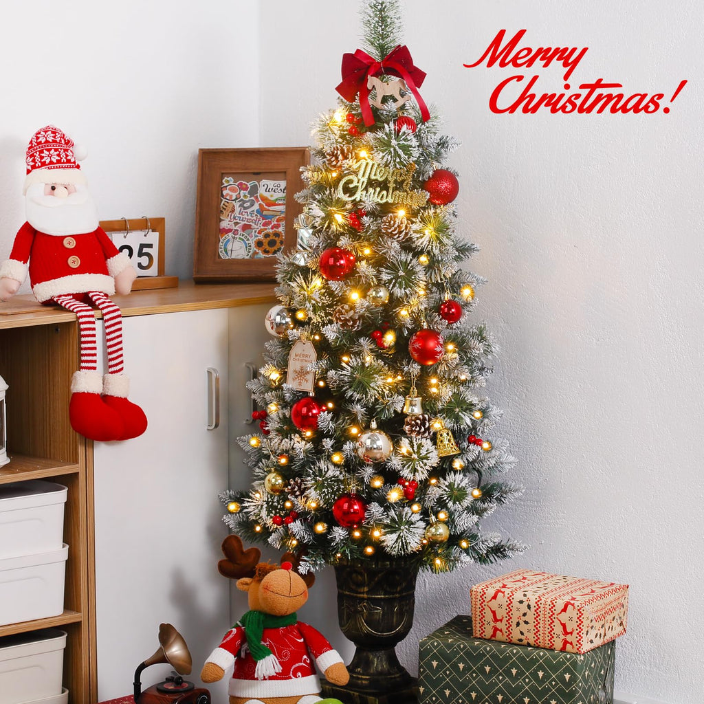 4ft Christmas Tree Pre-Lit Artificial Mini Trees with Gold Pot Base, Flocked Snow Warm White Lights Pine Cones, for