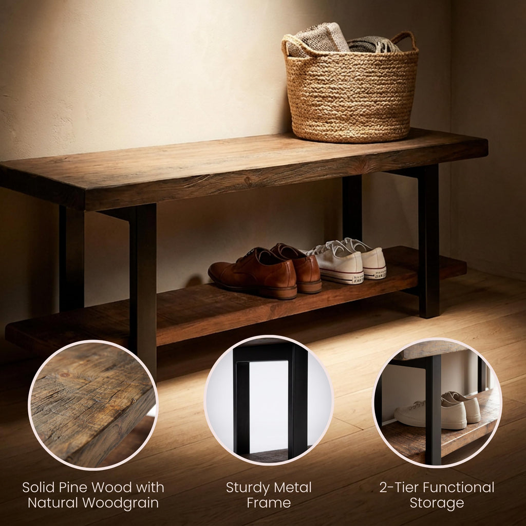 Pomona Entryway Bench with Shoe Rack, Rustic Brown, 48"