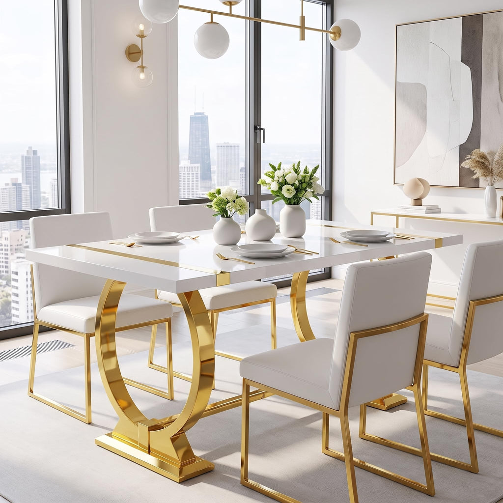 60" White and Gold Dining Table with Stainless Steel U-Base for 4-6