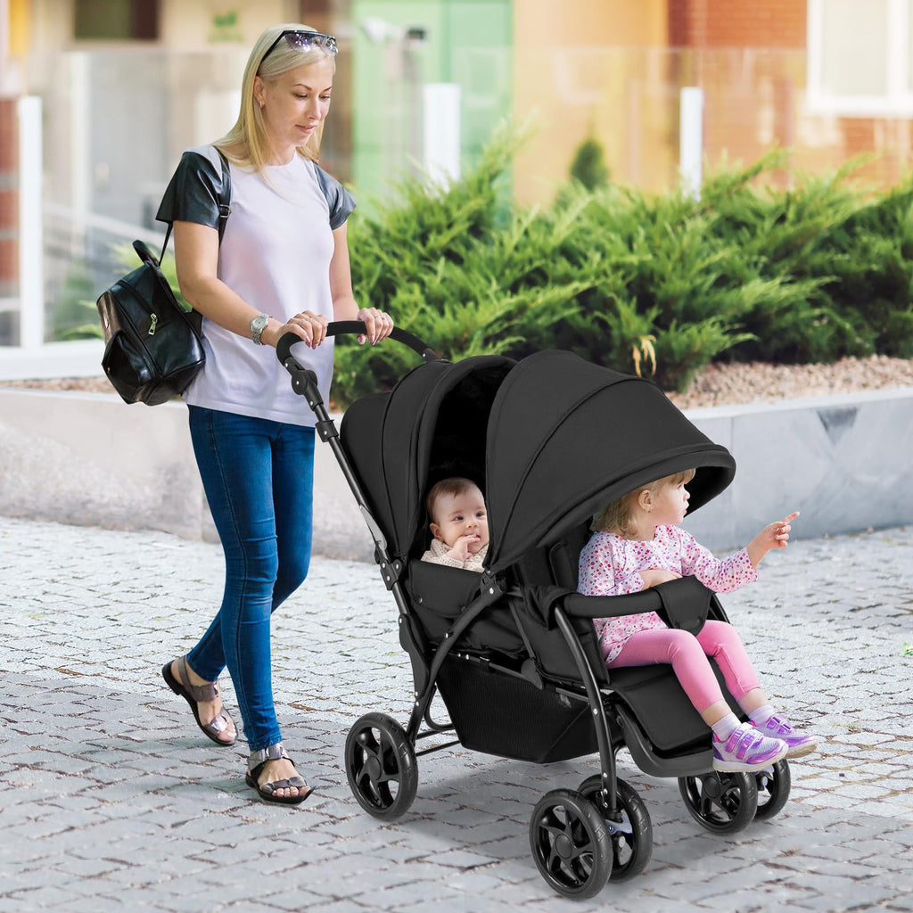 Double Stroller, Foldable Lightweight Infant Twin with Tandem Seating, 5-Point Harness, Recline Seat, Storage Basket