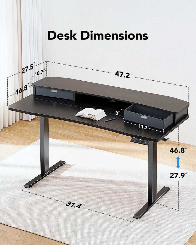 48′′ x 28′′ Electric Standing Desk with 2 Drawers, C-Clamp Mount Compatible, Height Adjustable Computer Desk, Home