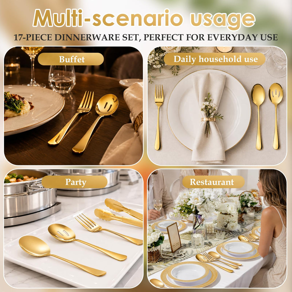 17Pc Gold Serving Utensils, Stainless Steel Heavy Duty Serving Set