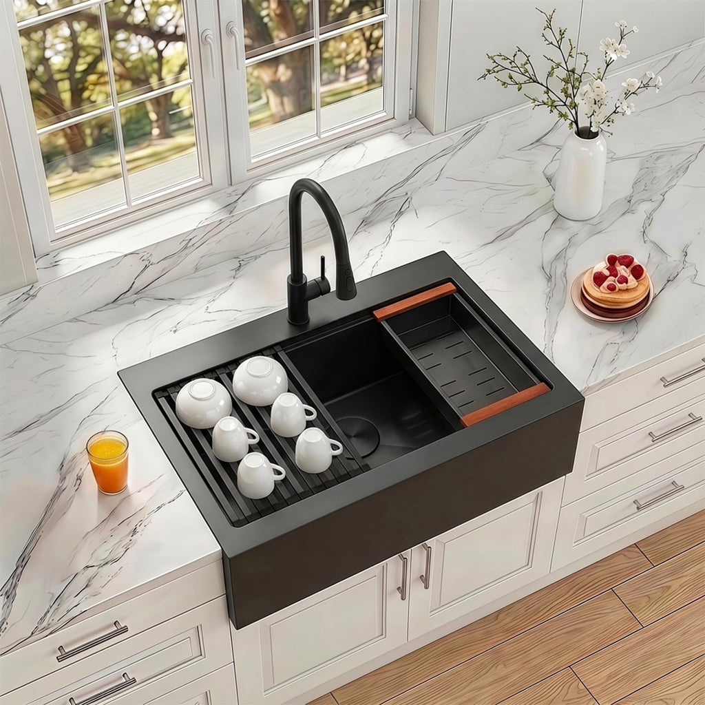 33 Inch Black Farmhouse Sink, 16 Gauge Drop-In Apron Front Sink