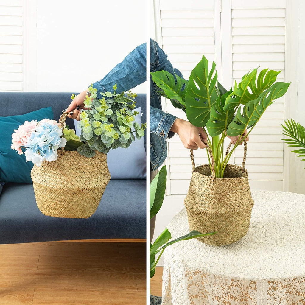 Seagrass Belly Basket, Set of 2 Woven Plant Pot Holder Handmade Home Decor for Storage Plants Picnic Grocery