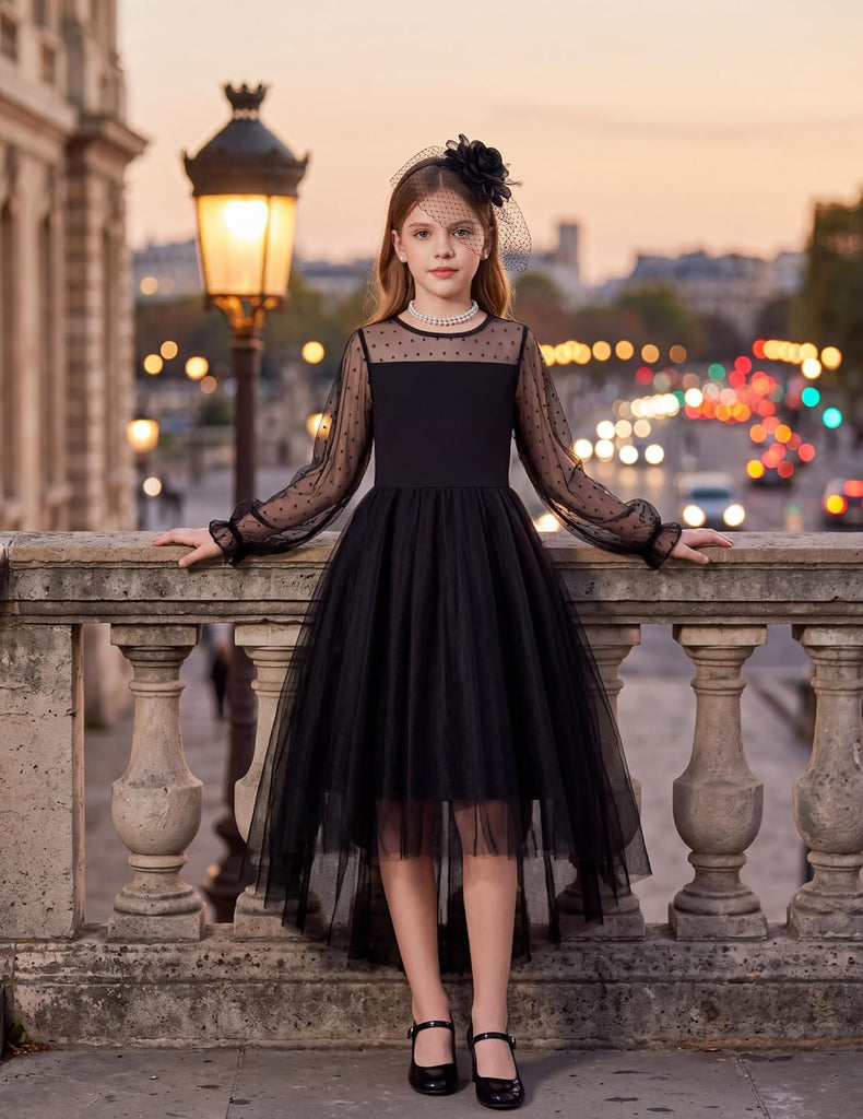 Girls Dresses Mesh Long Sleeve High Low Birthday Party Dress