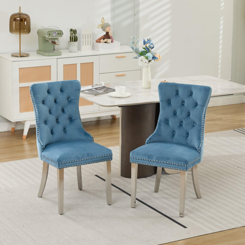 Velvet Dining Chairs Set of 4, Tufted Upholstered High Wingback Chairs with Nailhead Trim & Pull Ring, Silver