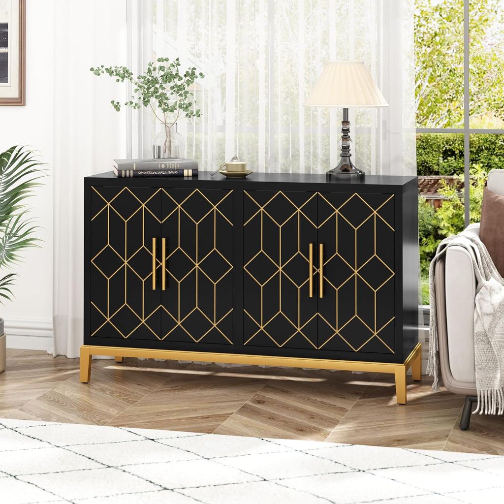Accent Cabinet with 4 Doors&Shelves, Sideboard Buffet Cabinet with Gold Trim, Modern Black Storage