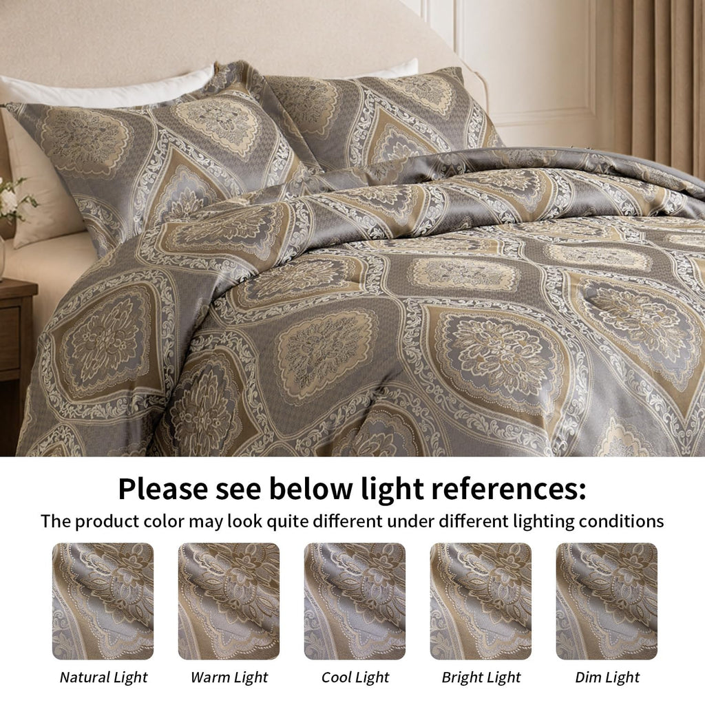 Queen Comforter Set Gray Jacquard Damask, 3-Piece