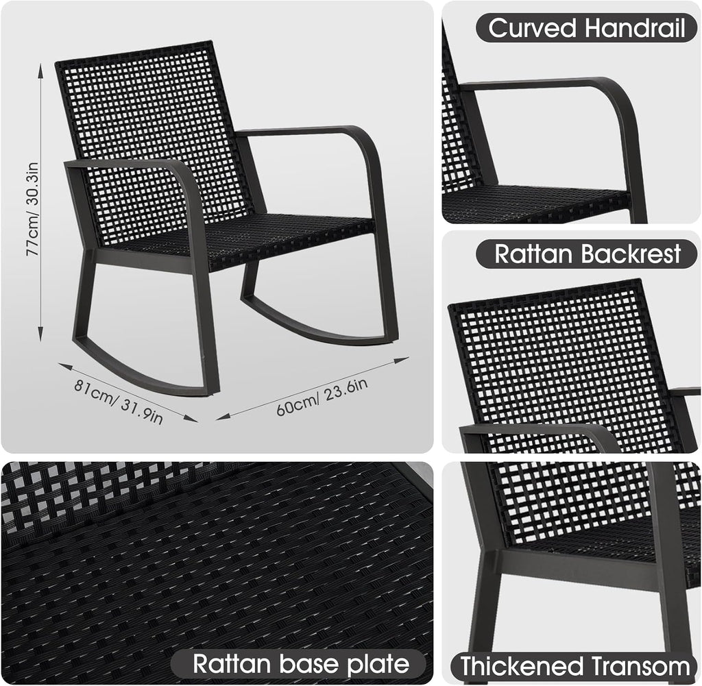 Bistro 3 Piece Patio Furniture Set, Patio Table and Rattan Outdoor Rocking Chairs Set of 2, Outdoor Bistro