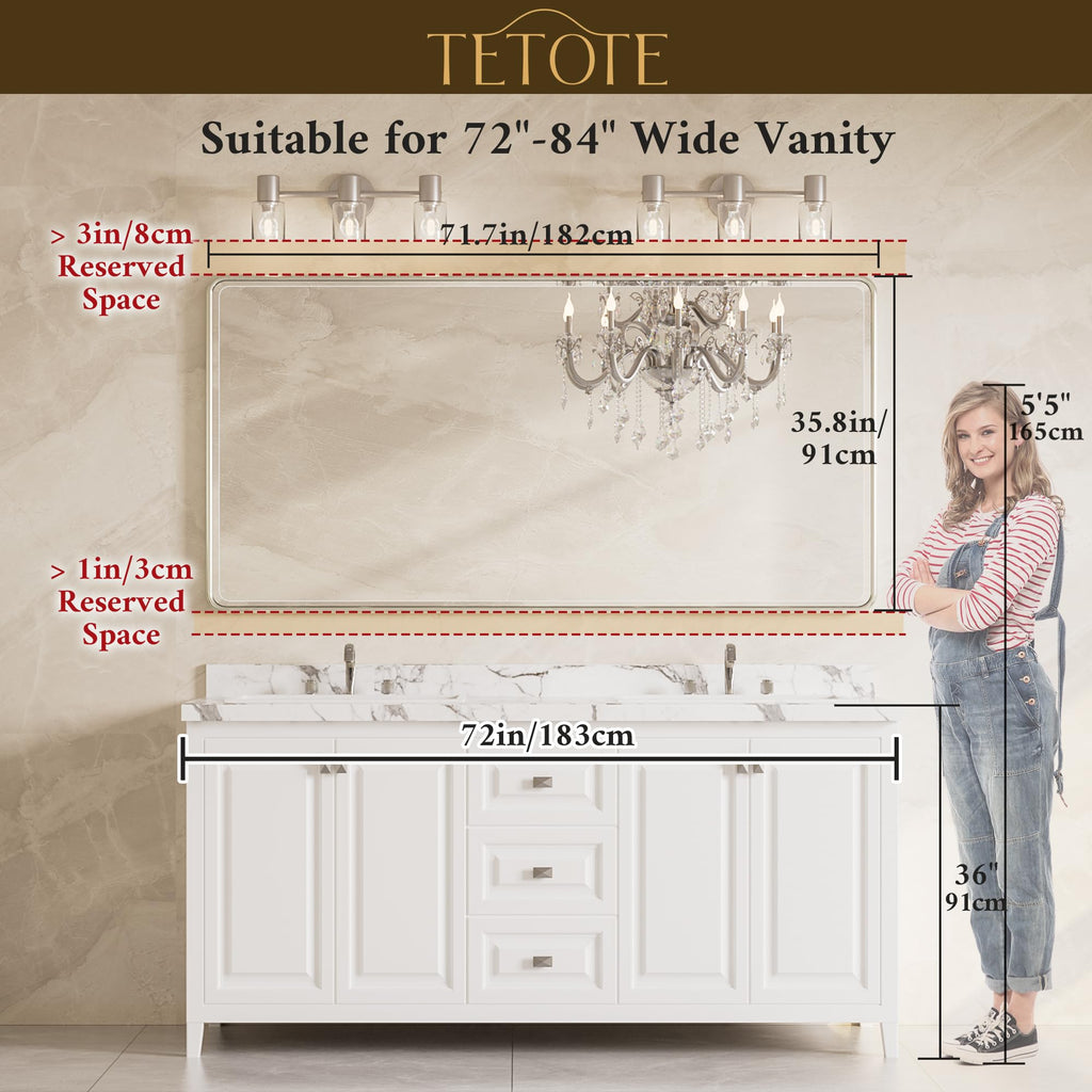 Brushed Nickel Framed Bathroom Mirror 72 x 36 Large Beveled Edge Tempered Glass, Rounded Corner Rectangle Bathroom