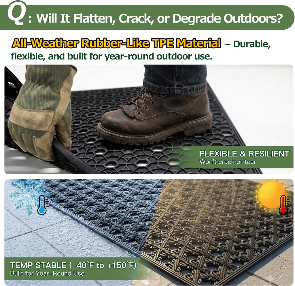 Front Door Mat Outside Entrance 24x36, Heavy Duty TPE Rubber Doormat with Drainage, Non Slip Low Profile Dirt Trapper