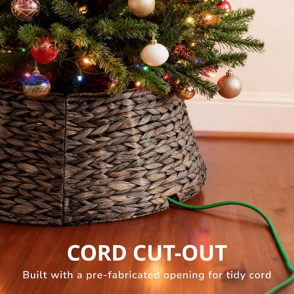 Christmas Tree Collar, Tree Skirt, Woven Hyacinth Rattan 4-Panel Tree Collar w/Cord Access Hole & Easy Lock Design