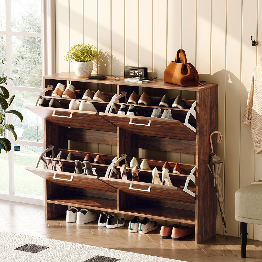 Walnut Shoe Cabinet, Slim Rustic Shoe Storage Cabinet with 4 Flip Drawers, Mid-Century Modern Wood Shoe Rack