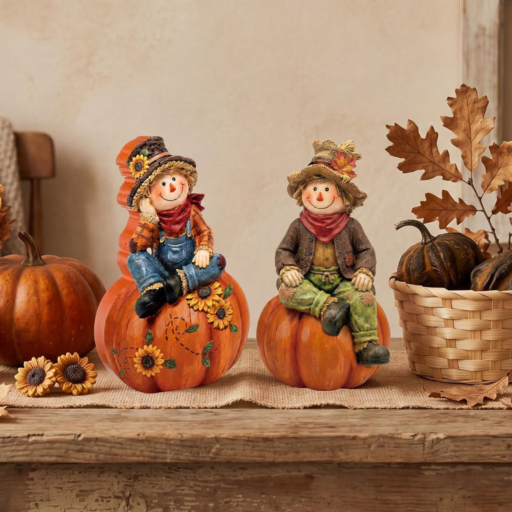 Fall Scarecrows Figurines Wooden Thanksgiving Table Decor - Set of 2
