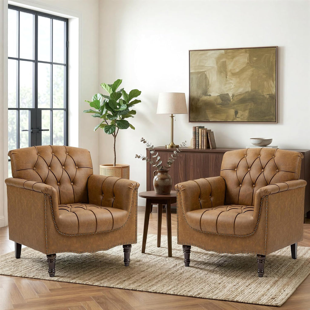 Faux Leather Accent Chairs, Comfy Club Armchair, Camel - Set of 2