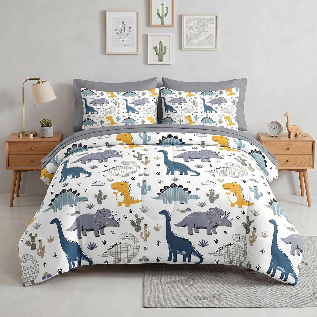 7 Pcs Comforter Set Full, Cute Dinosaur Dino Bedding for Kids Teen, Blue Yellow Dragon with Fitted Sheet 2