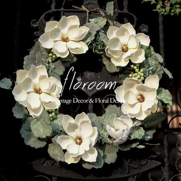 Floral Wreath, 18" Artificial White Magnolia Wreath for Front Door Wedding Decorations Wall Decor