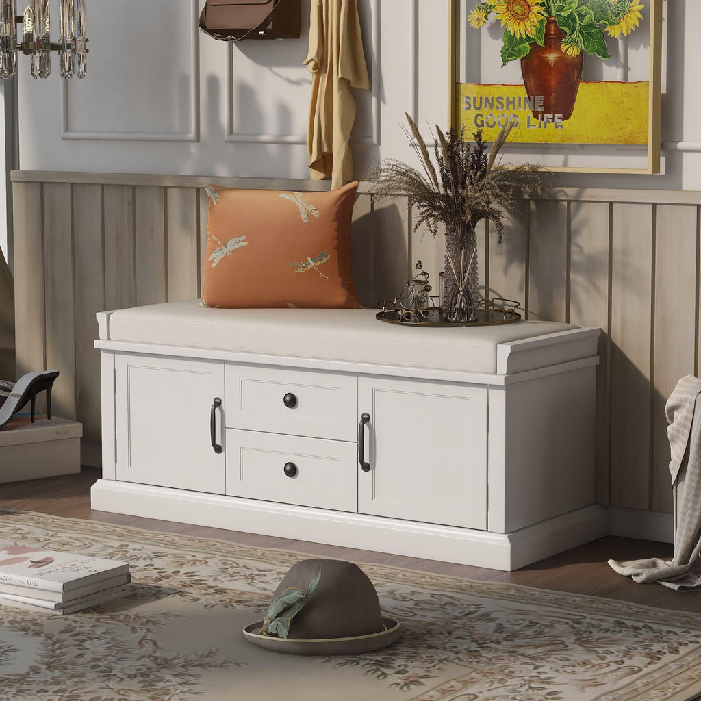 Rustic Storage Bench with 4 Doors 2 Draws Adjustable Shelves Removable Cushion Rectangular Cabinet Foot Rest Stool