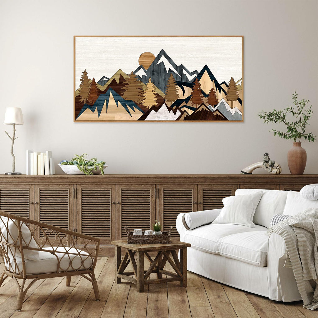 Vintage Mountain Framed Canvas Wall Art, Boho Sunrise Art Prints, Forest Nature Wilderness Art Paintings, Modern