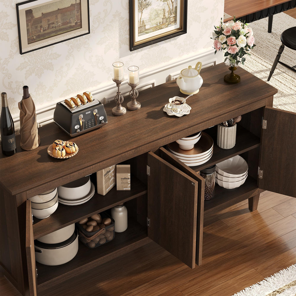 60" Mid Century Sideboard Buffet Cabinet, Large Credenza Wood Coffee Bar 4 Doors & Adjustable Shelves, Vintage