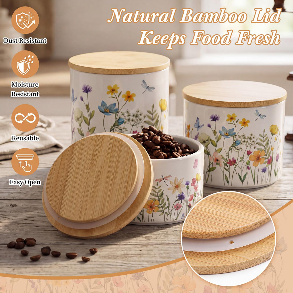 Floral Ceramic Canisters Set with Wooden Airtight Lids, Set of 3