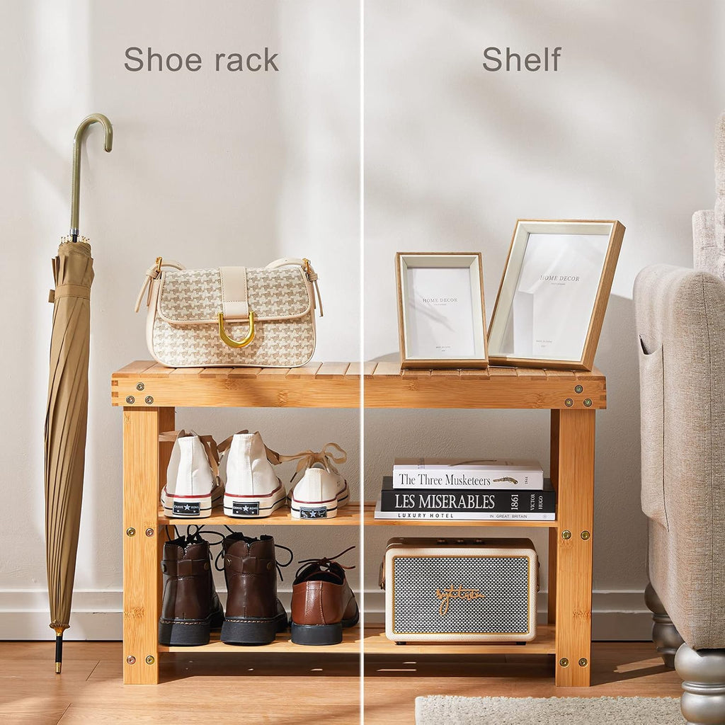 3 Tier Bamboo Shoe Rack Bench, Natural