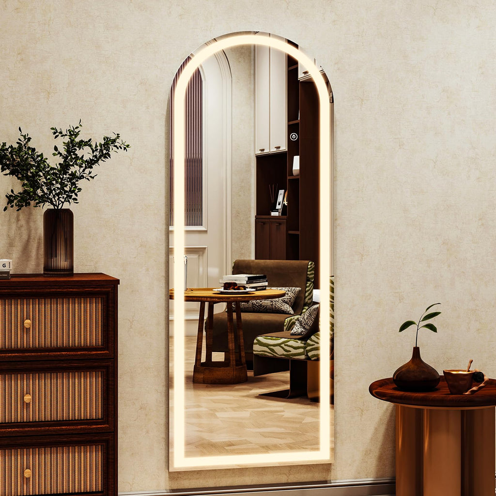 LED White Arched Full Length Mirror - 21" x 64" Adjustable Brightness, Touch Screen Controls, Wall Mounted or