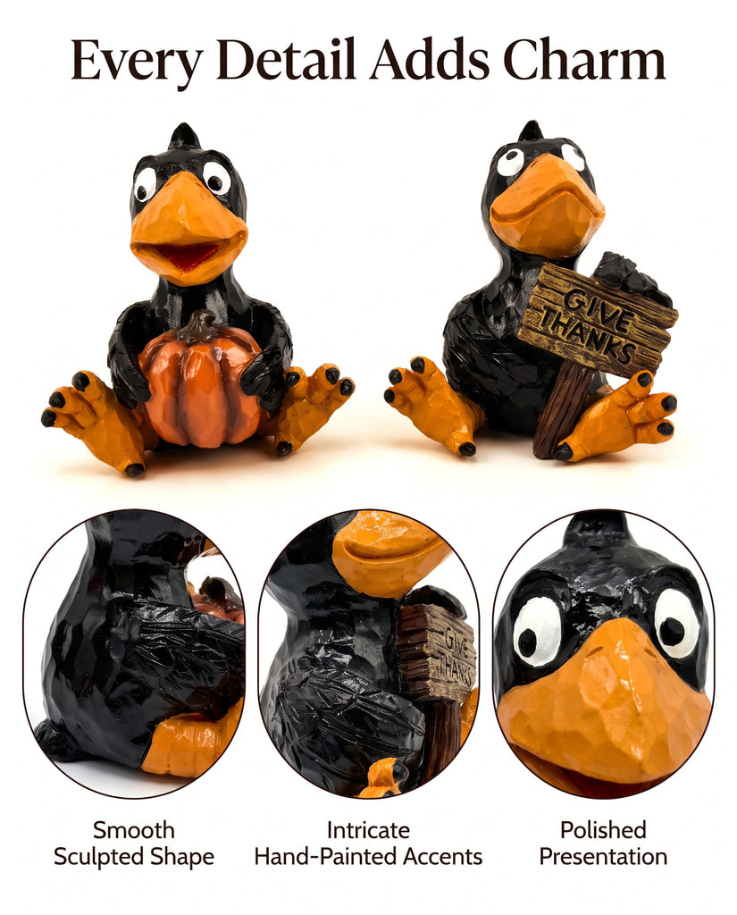Set of 2 Thanksgiving Crow Figurines, Resin Fall Tabletop Decor with Pumpkin and Give Thanks Sign, Black Bird Shelf