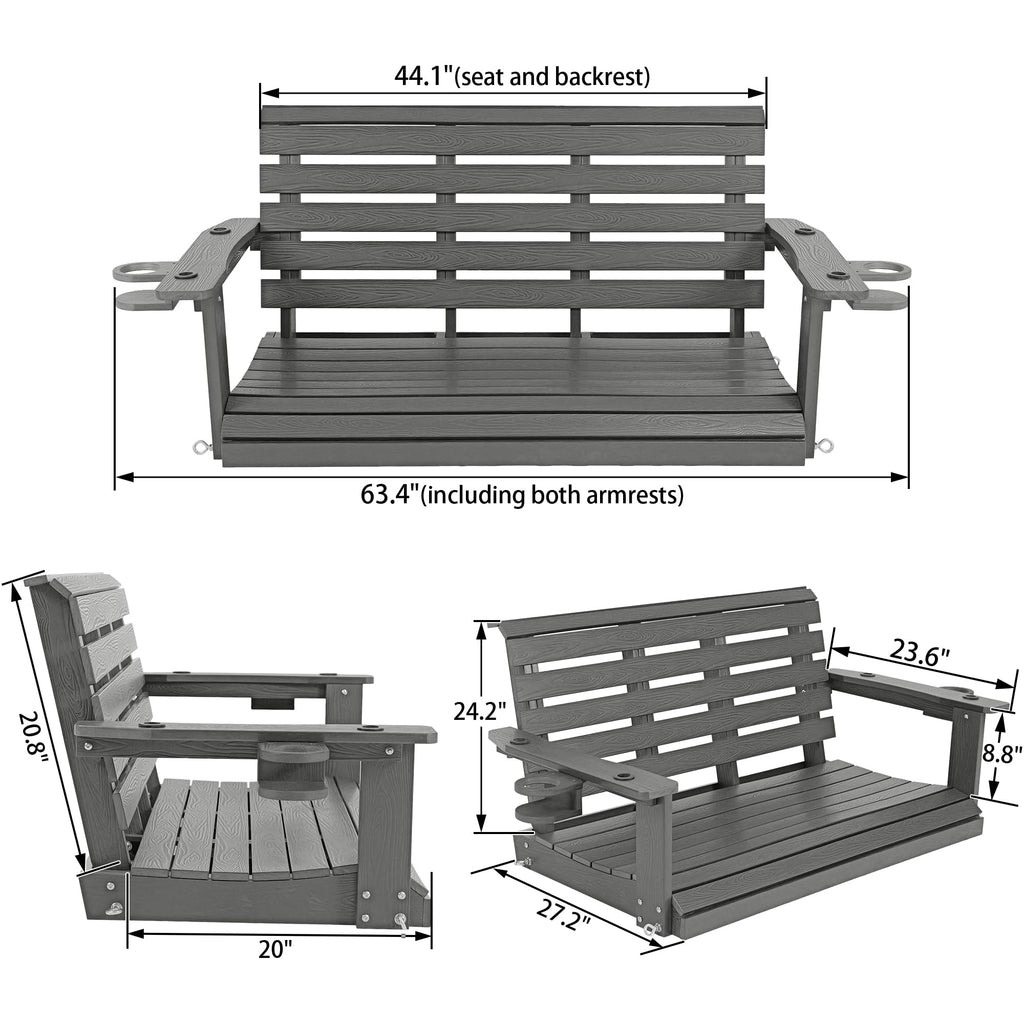 Poly Lumber 2-Seat Porch Swing, HIPS 4-Feet Bench Swing with Foldable Cup Holders, 18/8 Stainless Steel Hardware, High