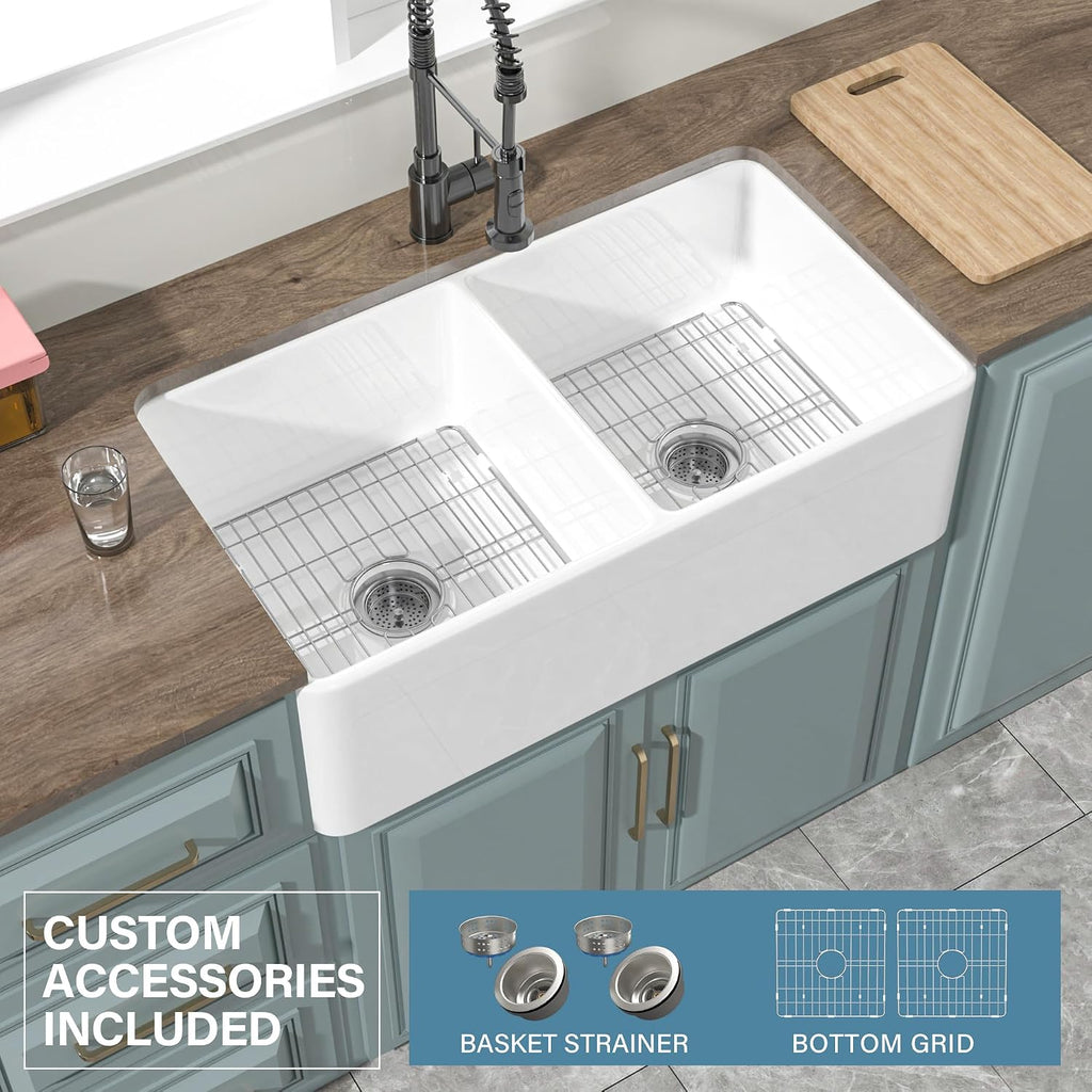 33" x 18" Farmhouse Sink Double Bowl White Fireclay Kitchen Sink | Fireclay dual bowl 50/50 , Undermount farm style
