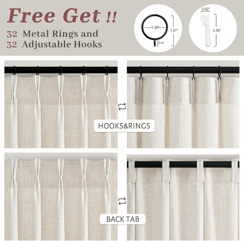 Pinch Pleated Linen Viral Curtains 4 Panels Set for Living Room 96 Inches Long, Birch Memory Trained Pleat Light