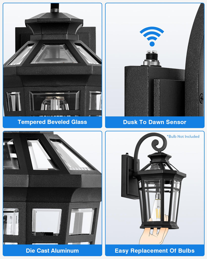 Outdoor Light Fixtures Wall Mount, 2-Pack Outdoor Wall Sconce Dusk to Dawn, Exterior Lantern with E26 Base, Matte
