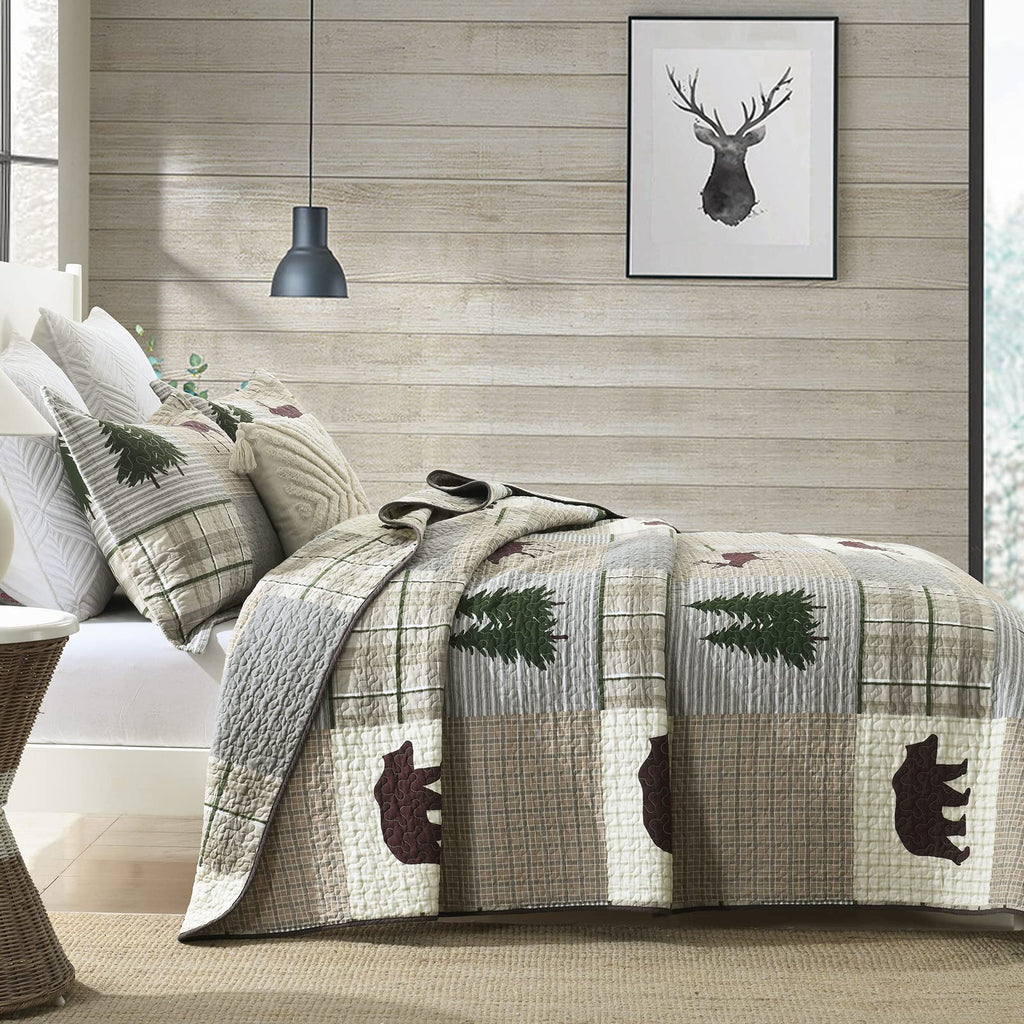Quilt - 100% Cotton Lightweight Cabin Plaid Quilt Bedding Set, Forest Tree Brown Bear Deer Patchwork