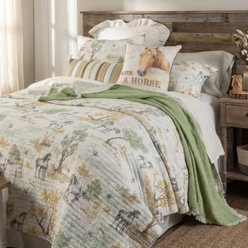 Graystone Meadow Full/Queen Quilt, Horse Toile Western Bedding, Reversible Cotton Bedspread, Green Gray Taupe Tan
