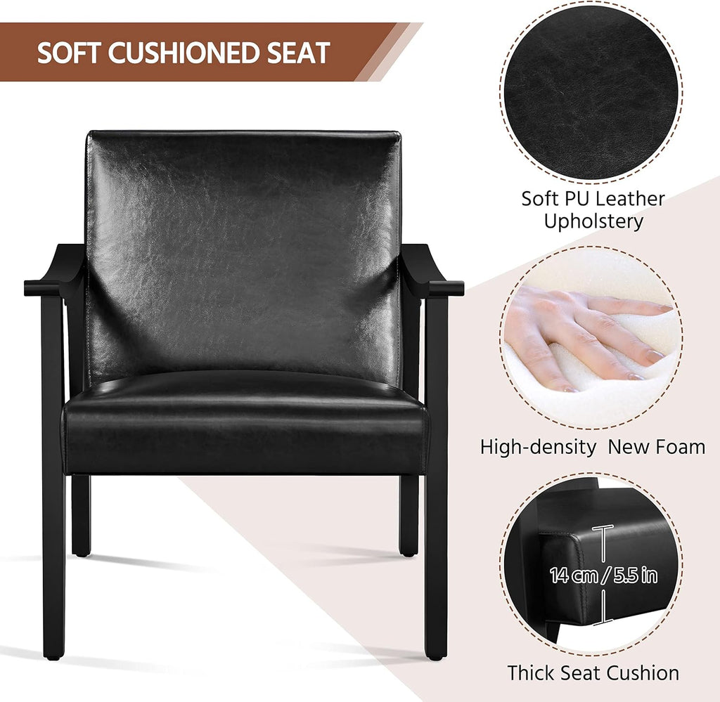Accent Chairs, Mid-Century Faux Leather Armchairs, Black - Set of 2