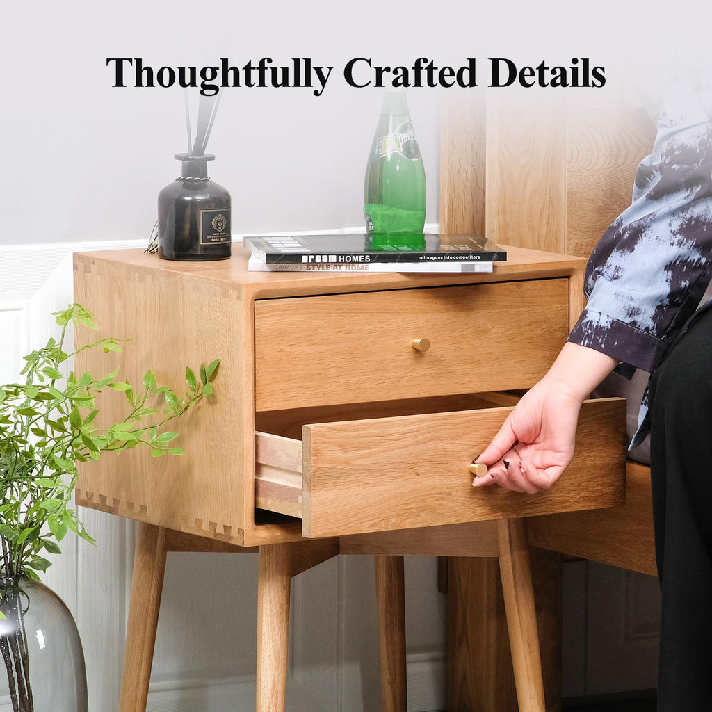 Night Stand, Midcentury Modern Solid Wood Nightstand with Drawer, Durable Sturdy Tall Bedside Tables with High Stool