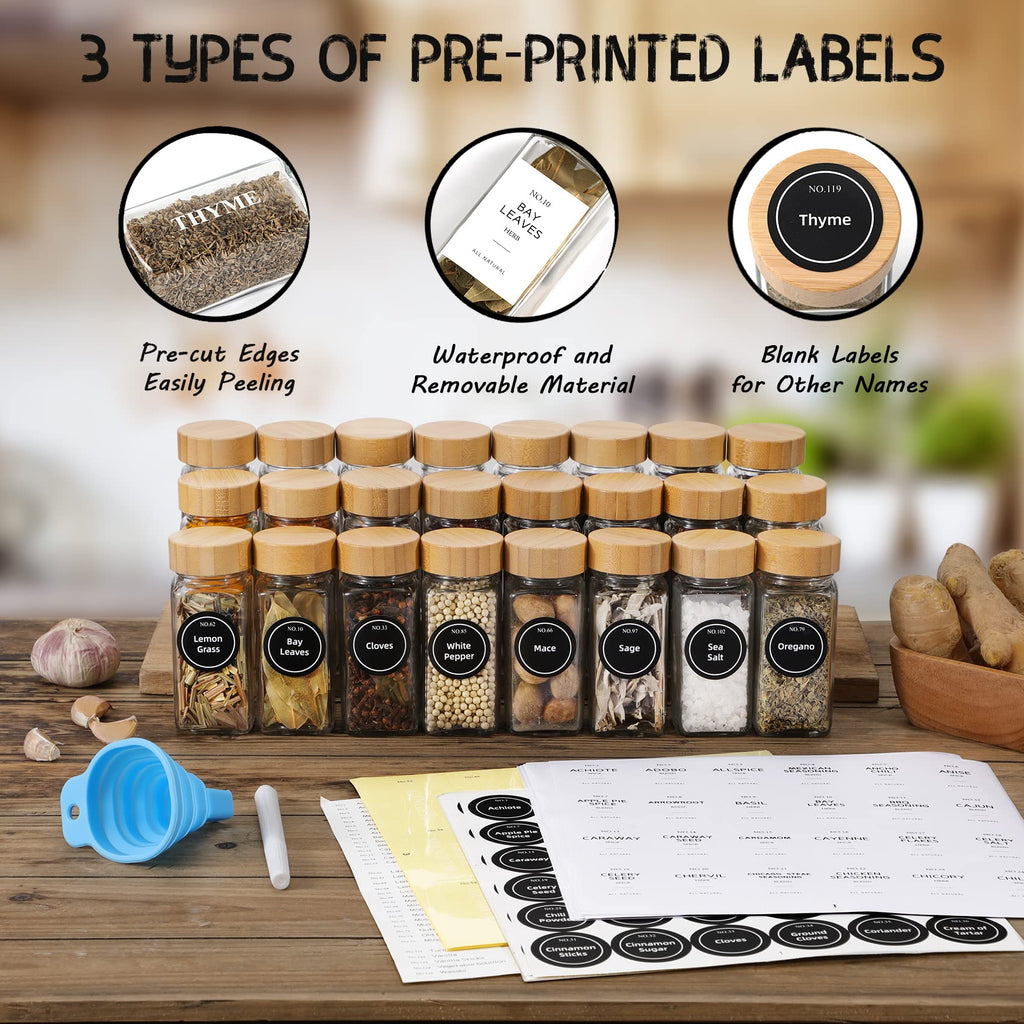 24 Pcs Glass Spice Jars with Bamboo Lids, 4 oz Glass Jars with Minimalist Farmhouse Spice Labels Stickers