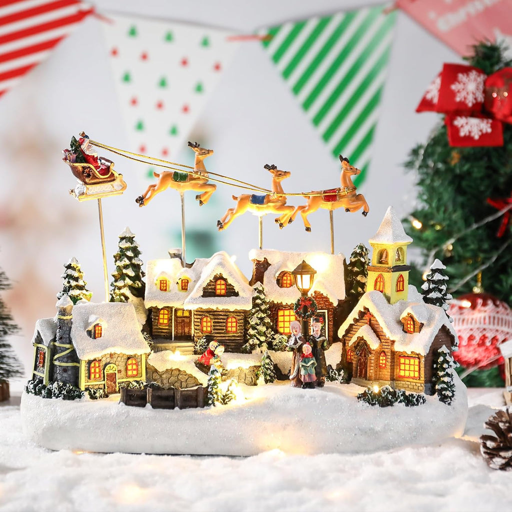 Christmas Village Lighted Decoration Musical Animated Display Christmas Collectible Santa Deer Battery Operated