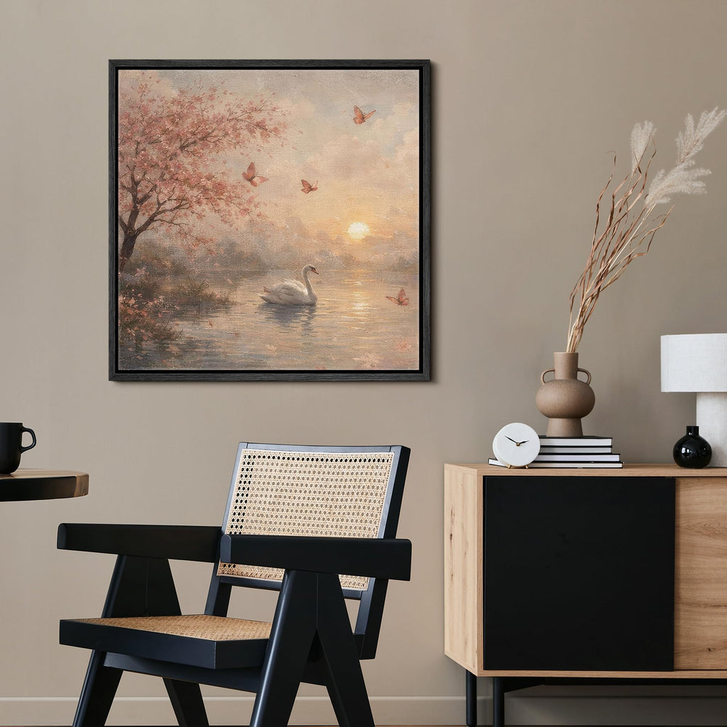 Framed Canvas Print Wall Art Swan Lake at Sunset with Cherry Blossoms Illustrations Realism Decorative Scenic