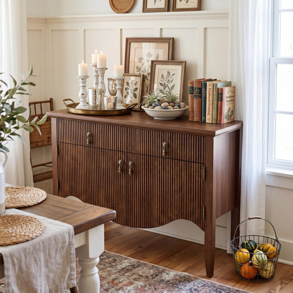 40" Fluted Buffet Cabinet, Sideboard Credenza with Drawer, Walnut