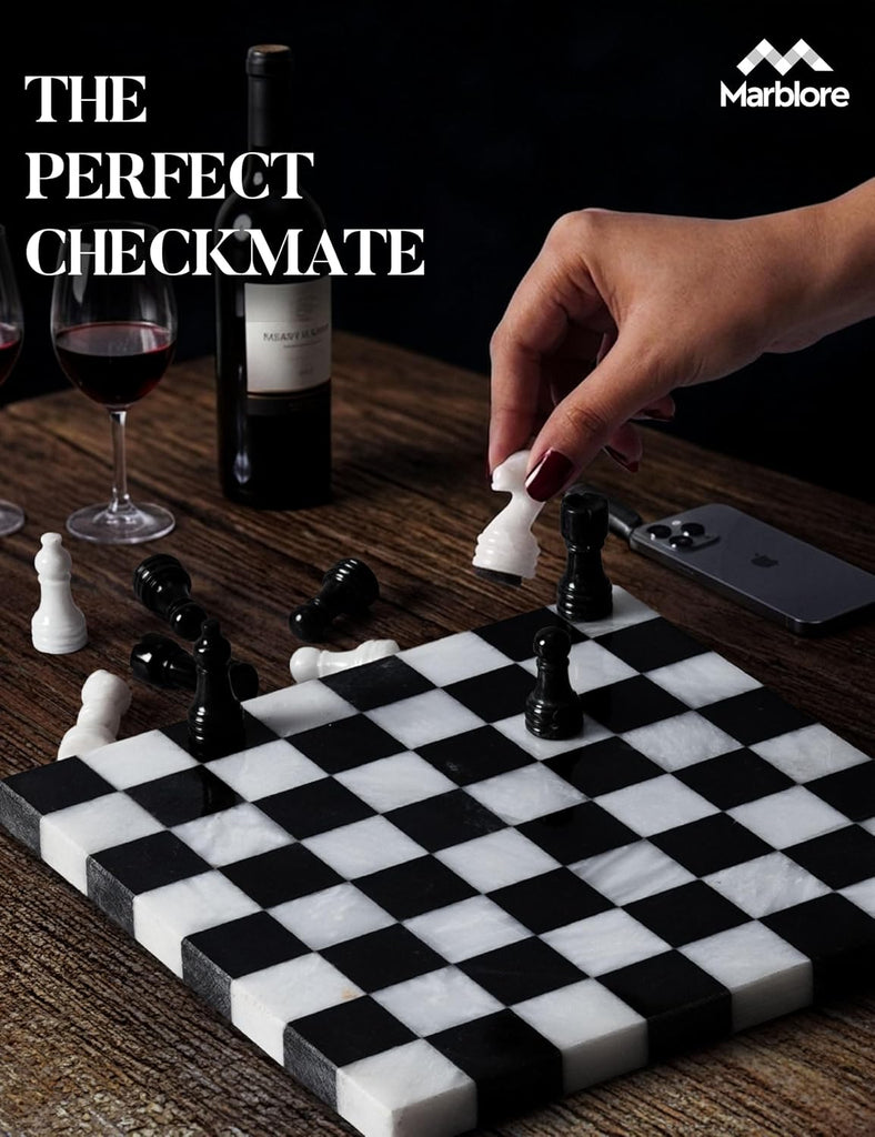 Marble Chess Set for Adults 10 Inch Handmade Black and White Board Game with 32 Chess Pieces 2 Extra Queens Luxury