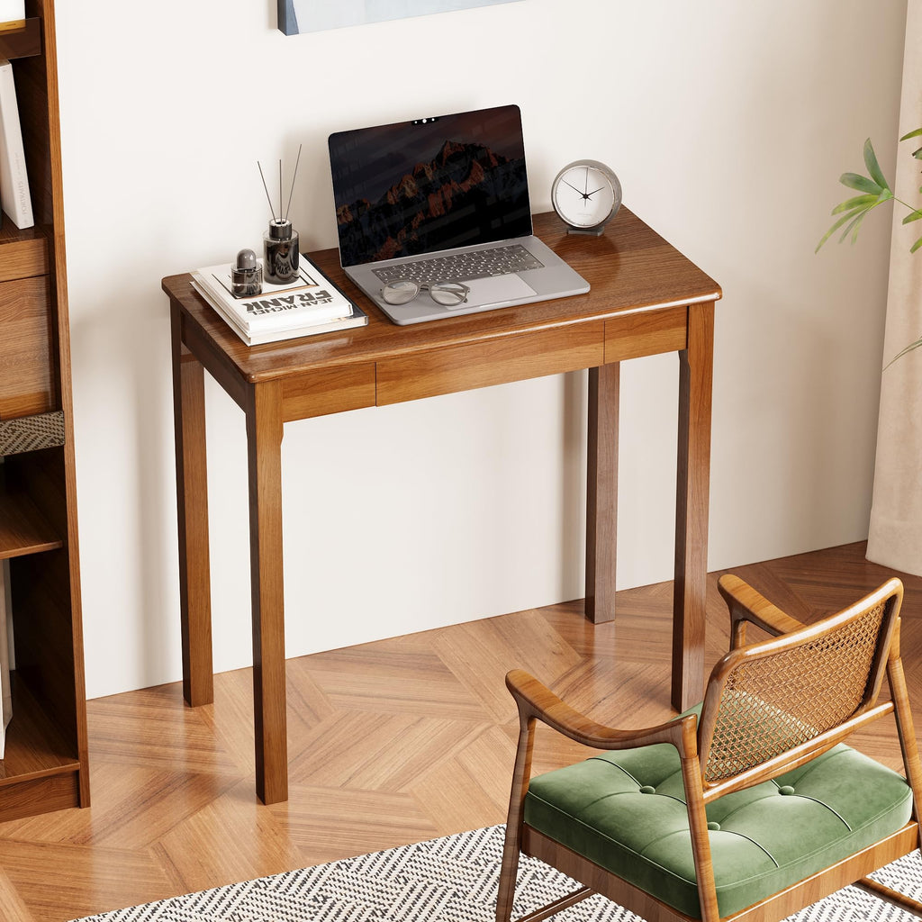 Solid Wooden Desk with Drawers - 32 x 16 Inch Narrow Desks, Rubberwood Mid Century Modern Desks, Small Writing Desk