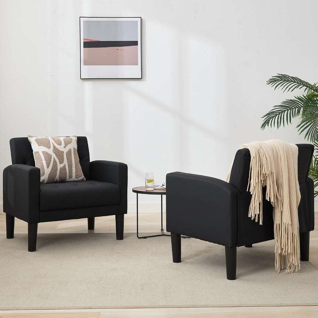 Black Leather Accent Chairs, Tufted M-C-M Chairs - Set of 2
