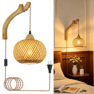Bamboo Lantern Plug in Wall Sconces Wicker Wall Lamp with Plug in Cord Hand Woven Rattan Wall Light Farmhouse Rustic