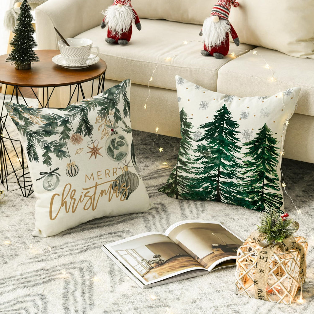 Merry Christmas Trees Snowflake Throw Pillow Covers, 18 x 18 Inch Joy Xmas Balls Winter Holiday Cushion Case - Set of 4